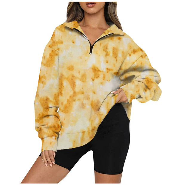 Tie Dye Printed Zippered Lapels Sweatshirt Womens Clothing Long Sleeve Loose Pocketless Top