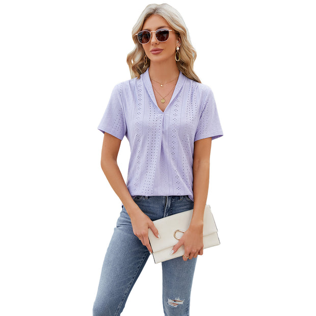 V-neck Hollow Design T-shirt Summer Loose Short-sleeved Top For Womens Clothing