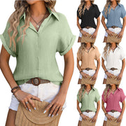 Lapel Button Short Sleeve Top Summer Casual Loose Pleated Shirt