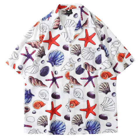 Mens Holiday Starfish Ocean Element Print Revere Collar Shirts